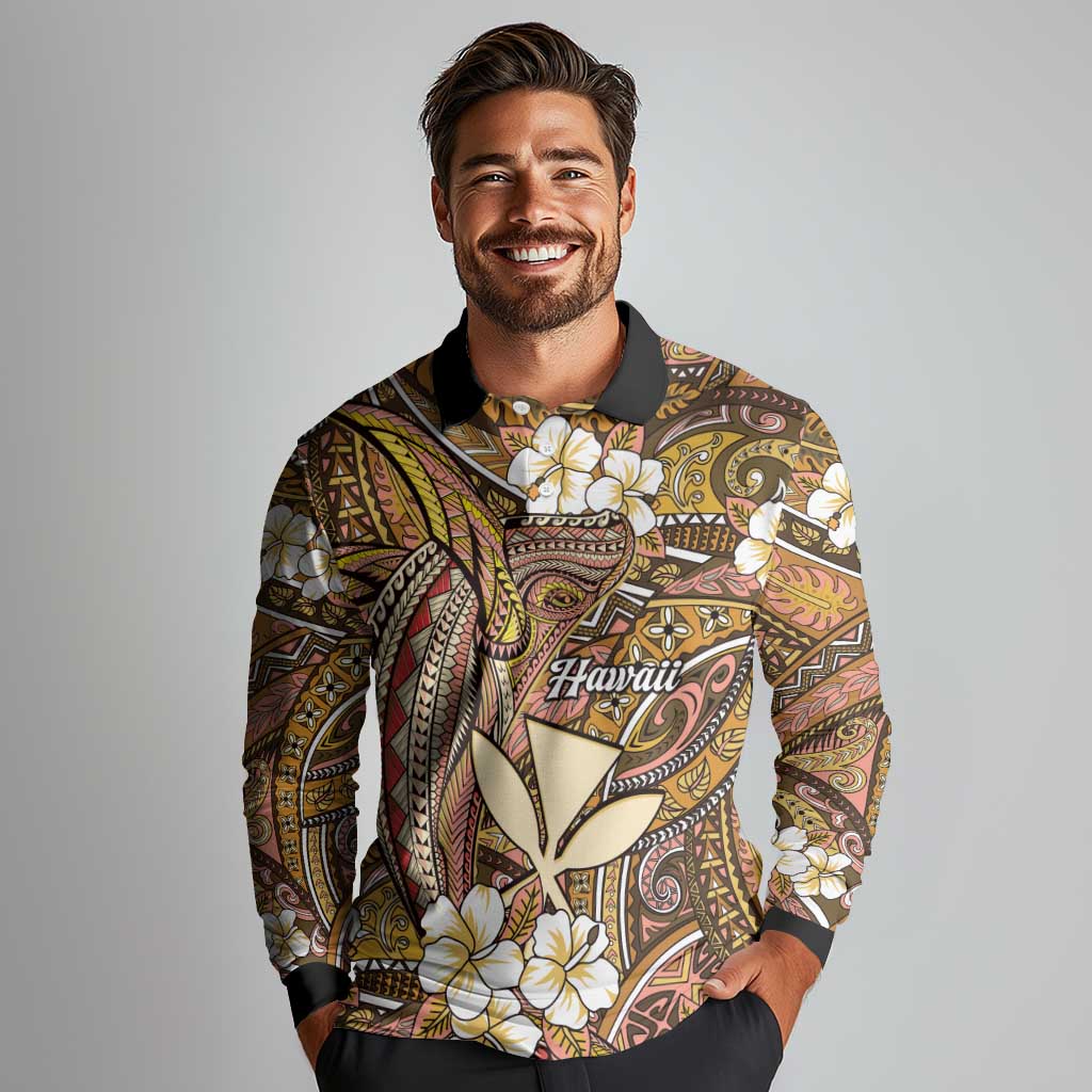 Personalised Hawaii Tribal Humpback Whale Long Sleeve Polo Shirt Melemele Hibiscus Seamless Pattern LT9 - Polynesian Pride