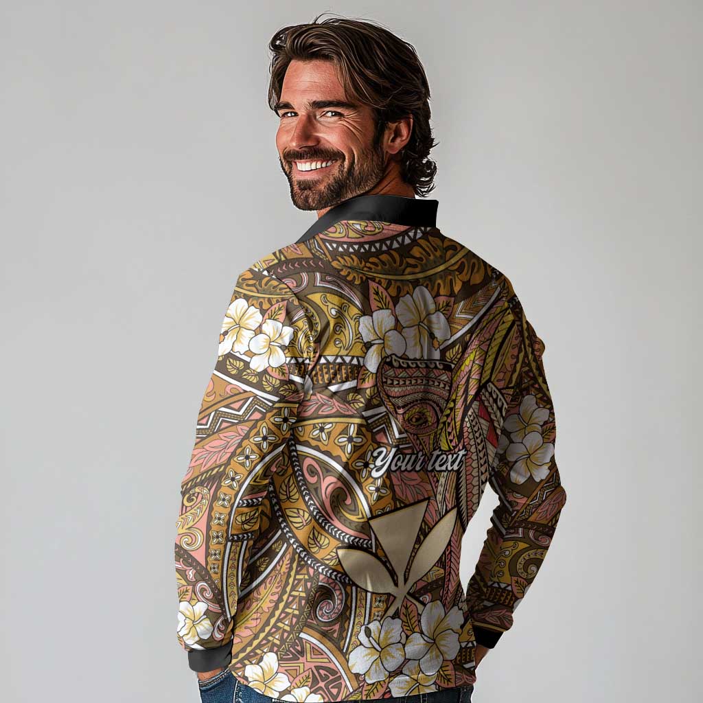 Personalised Hawaii Tribal Humpback Whale Long Sleeve Polo Shirt Melemele Hibiscus Seamless Pattern LT9 - Polynesian Pride
