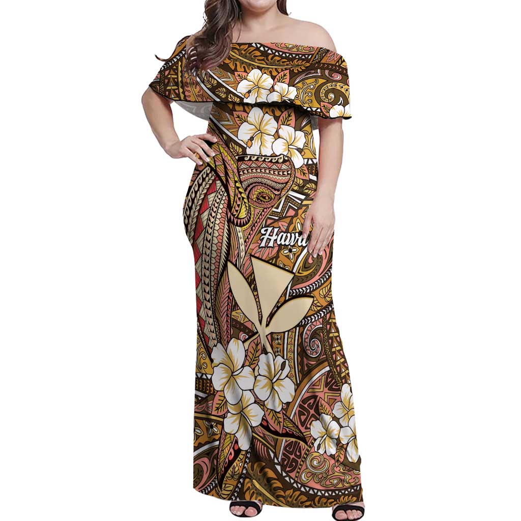 Personalised Hawaii Tribal Humpback Whale Off Shoulder Maxi Dress Melemele Hibiscus Seamless Pattern LT9 Women Gold - Polynesian Pride