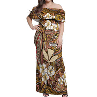 Personalised Hawaii Tribal Humpback Whale Off Shoulder Maxi Dress Melemele Hibiscus Seamless Pattern LT9 Women Gold - Polynesian Pride