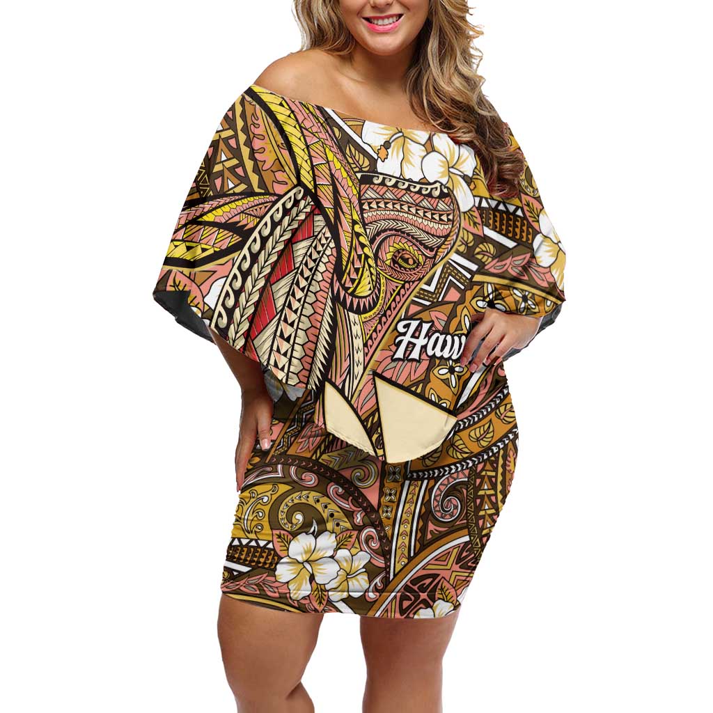 Personalised Hawaii Tribal Humpback Whale Off Shoulder Short Dress Melemele Hibiscus Seamless Pattern