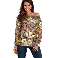 Personalised Hawaii Tribal Humpback Whale Off Shoulder Sweater Melemele Hibiscus Seamless Pattern LT9 Women Gold - Polynesian Pride