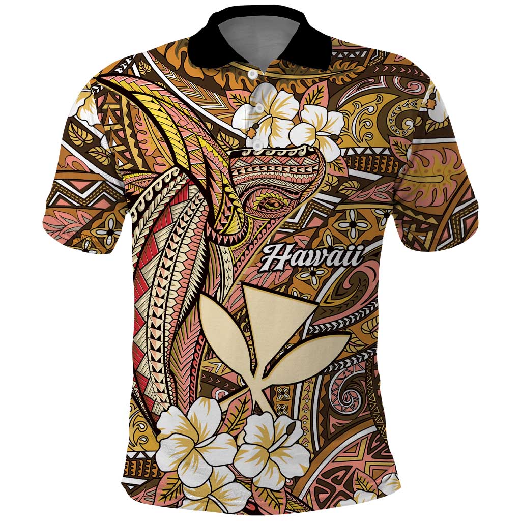 Personalised Hawaii Tribal Humpback Whale Polo Shirt Melemele Hibiscus Seamless Pattern LT9 Gold - Polynesian Pride