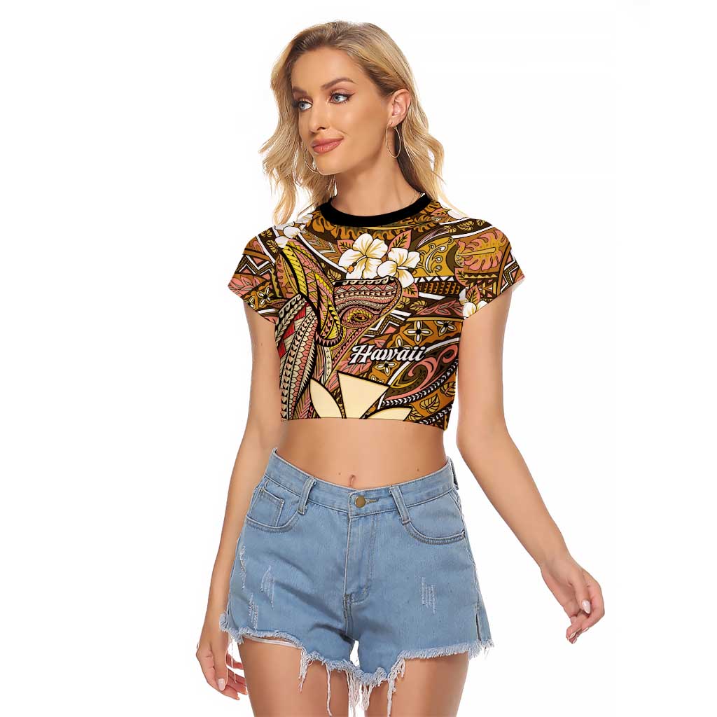Personalised Hawaii Tribal Humpback Whale Raglan Cropped T Shirt Melemele Hibiscus Seamless Pattern LT9 Female Gold - Polynesian Pride