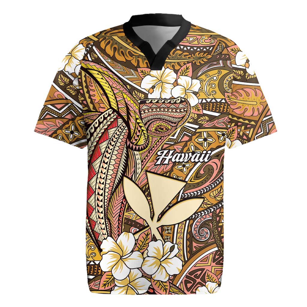 Personalised Hawaii Tribal Humpback Whale Rugby Jersey Melemele Hibiscus Seamless Pattern