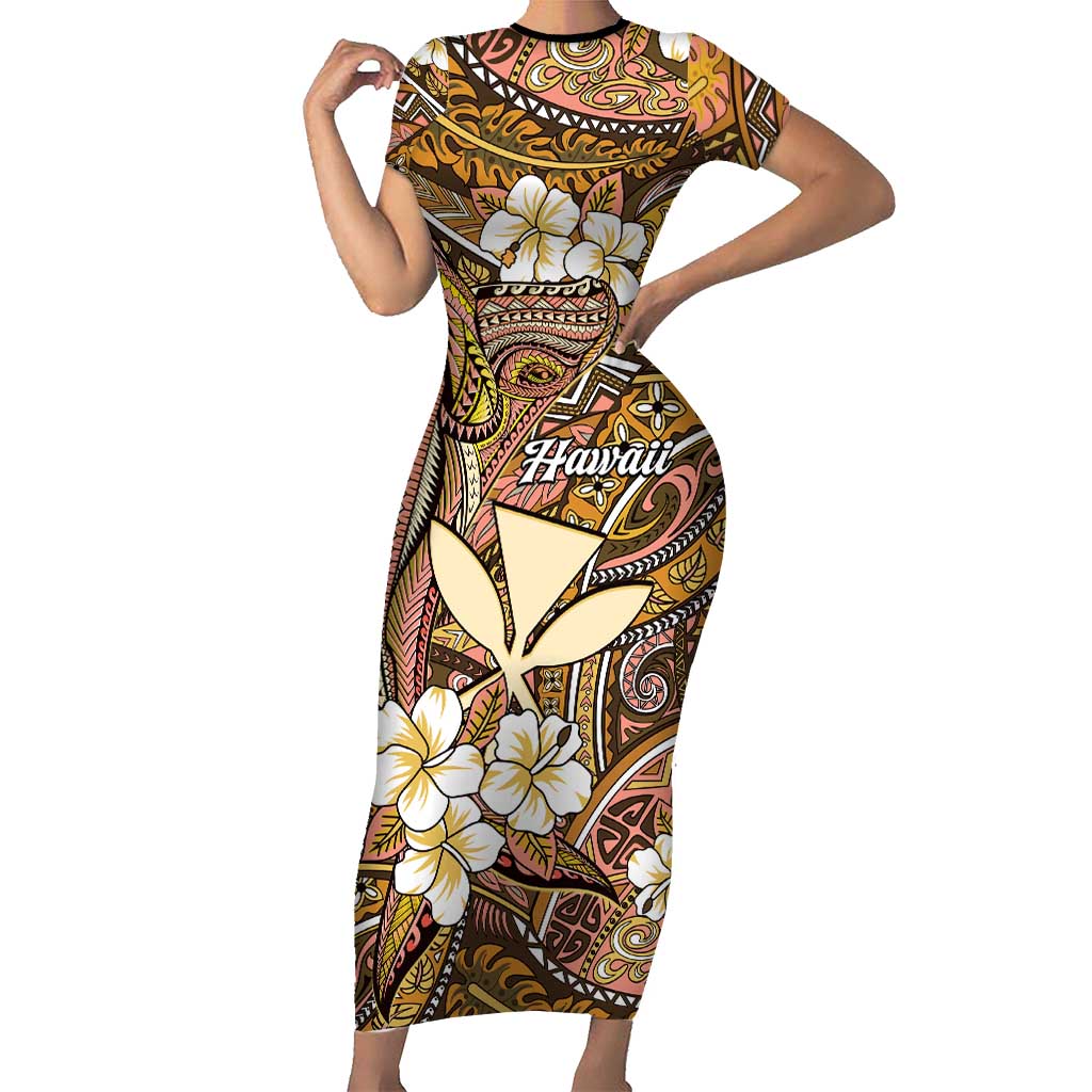 Personalised Hawaii Tribal Humpback Whale Short Sleeve Bodycon Dress Melemele Hibiscus Seamless Pattern LT9 Long Dress Gold - Polynesian Pride