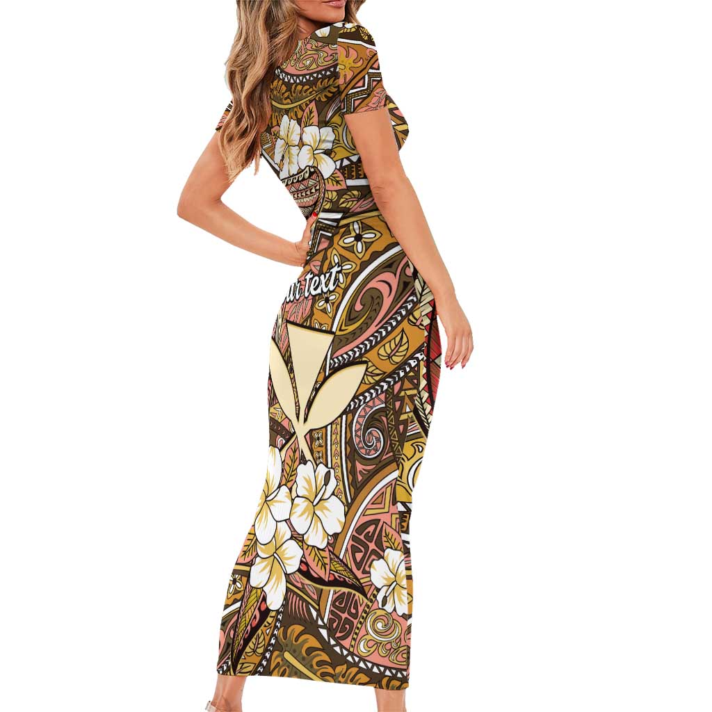 Personalised Hawaii Tribal Humpback Whale Short Sleeve Bodycon Dress Melemele Hibiscus Seamless Pattern LT9 - Polynesian Pride