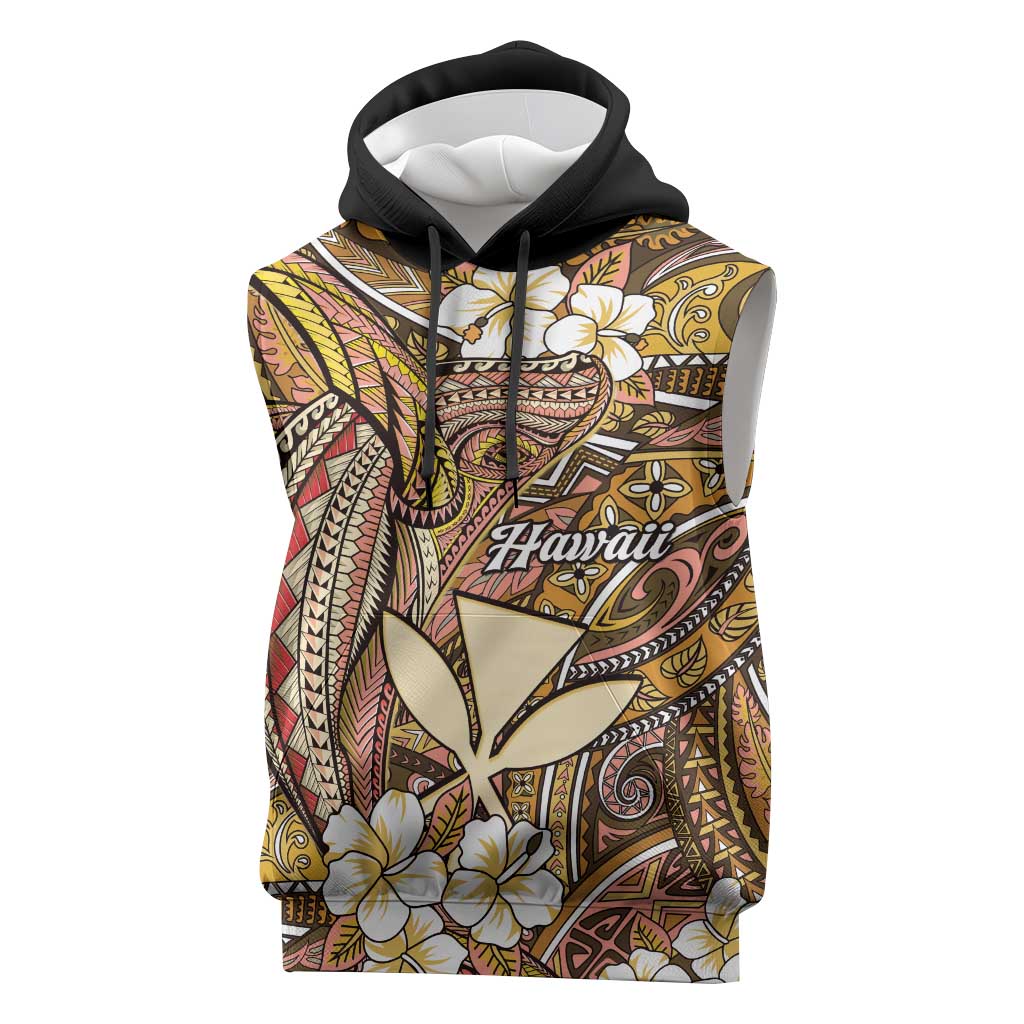 Personalised Hawaii Tribal Humpback Whale Sleeveless Hoodie Melemele Hibiscus Seamless Pattern LT9 Gold - Polynesian Pride