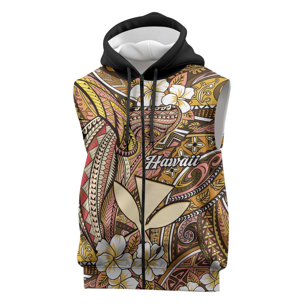 Personalised Hawaii Tribal Humpback Whale Sleeveless Zip Hoodie Melemele Hibiscus Seamless Pattern LT9 Gold - Polynesian Pride