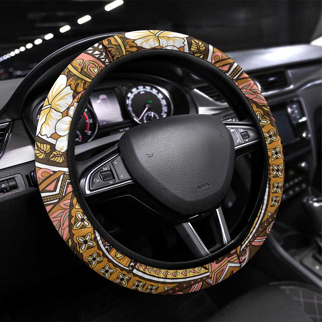 Hawaii Tribal Humpback Whale Steering Wheel Cover Melemele Hibiscus Seamless Pattern LT9 Universal Fit Gold - Polynesian Pride