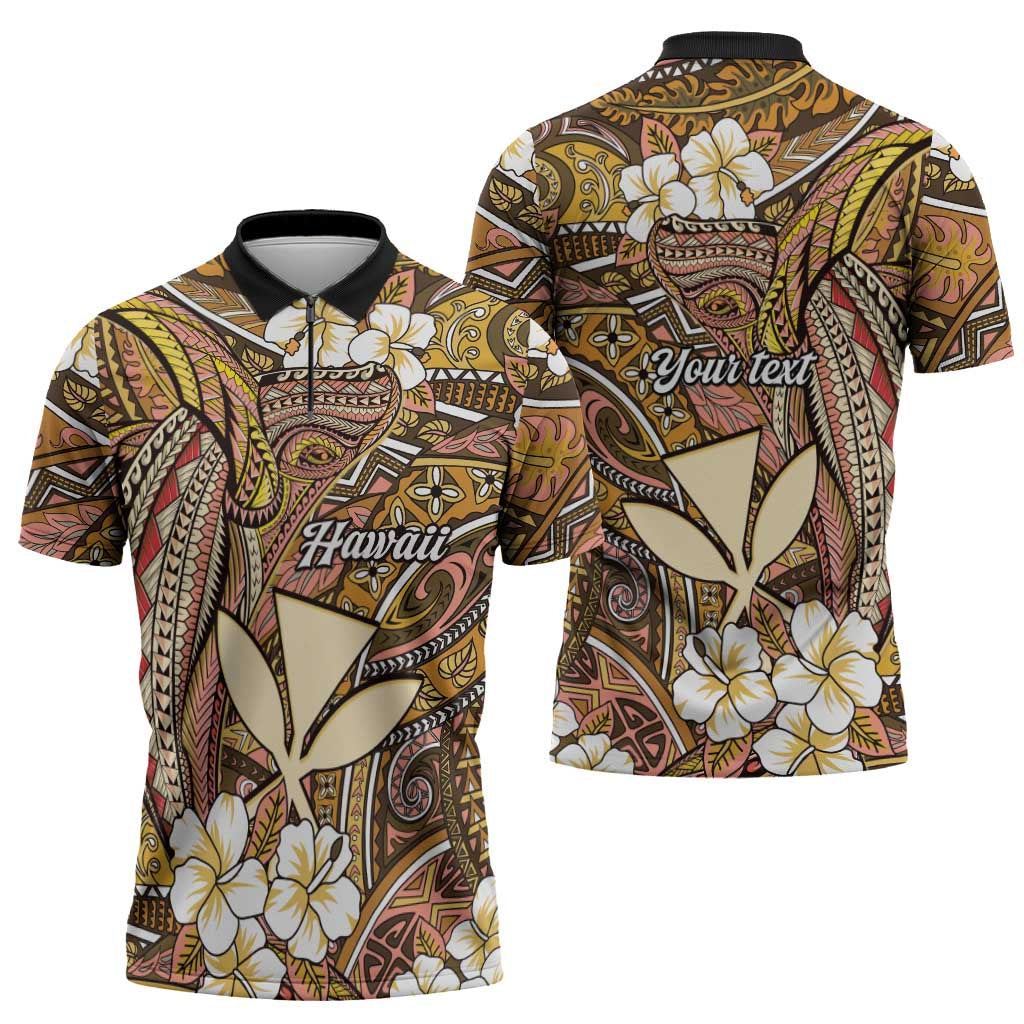 Personalised Hawaii Tribal Humpback Whale Zipper Polo Shirt Melemele Hibiscus Seamless Pattern LT9 - Polynesian Pride