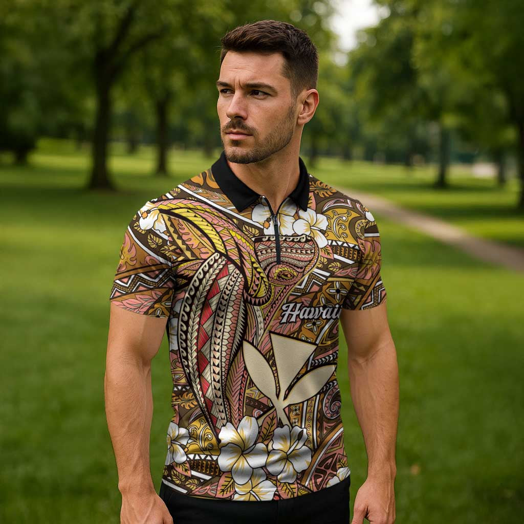 Personalised Hawaii Tribal Humpback Whale Zipper Polo Shirt Melemele Hibiscus Seamless Pattern LT9 - Polynesian Pride