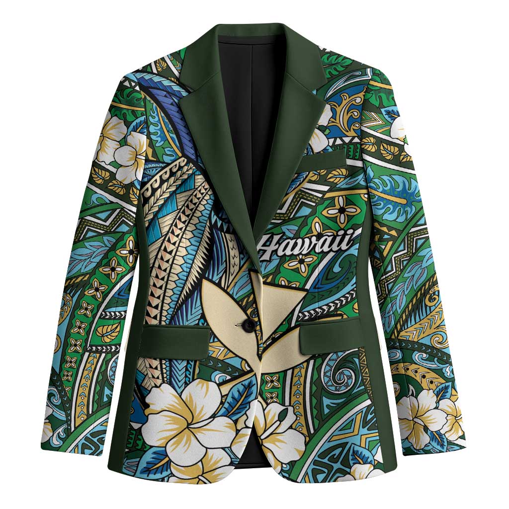 Personalised Hawaii Tribal Humpback Whale Blazer Omaomao Hibiscus Seamless Pattern LT9 Unisex Green - Polynesian Pride