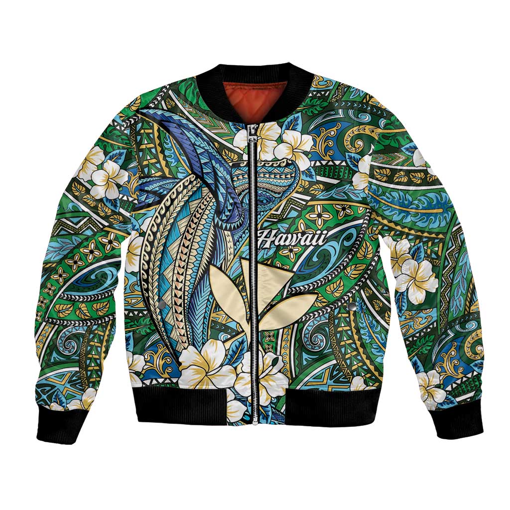 Personalised Hawaii Tribal Humpback Whale Bomber Jacket Omaomao Hibiscus Seamless Pattern LT9 Unisex Green - Polynesian Pride