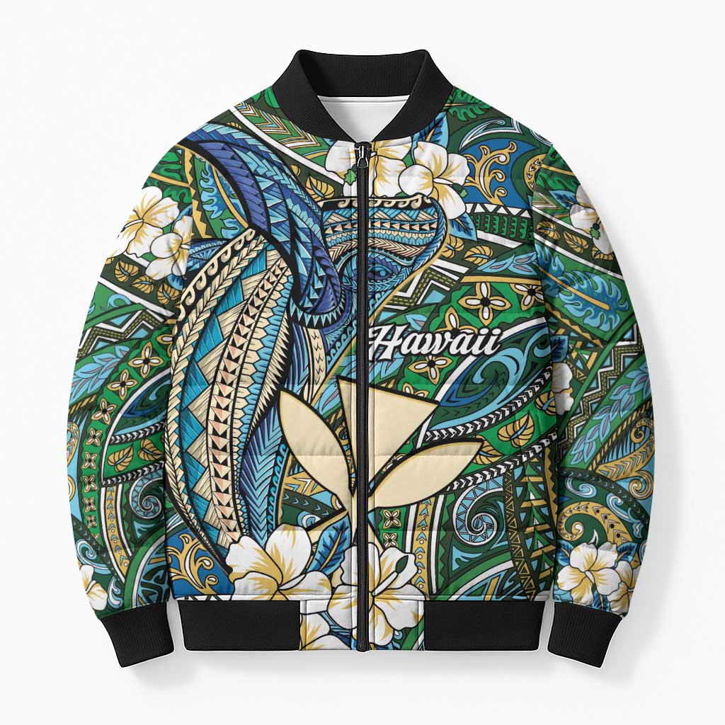 Personalised Hawaii Tribal Humpback Whale Bomber Puffer Jacket Omaomao Hibiscus Seamless Pattern LT9 Unisex Green - Polynesian Pride