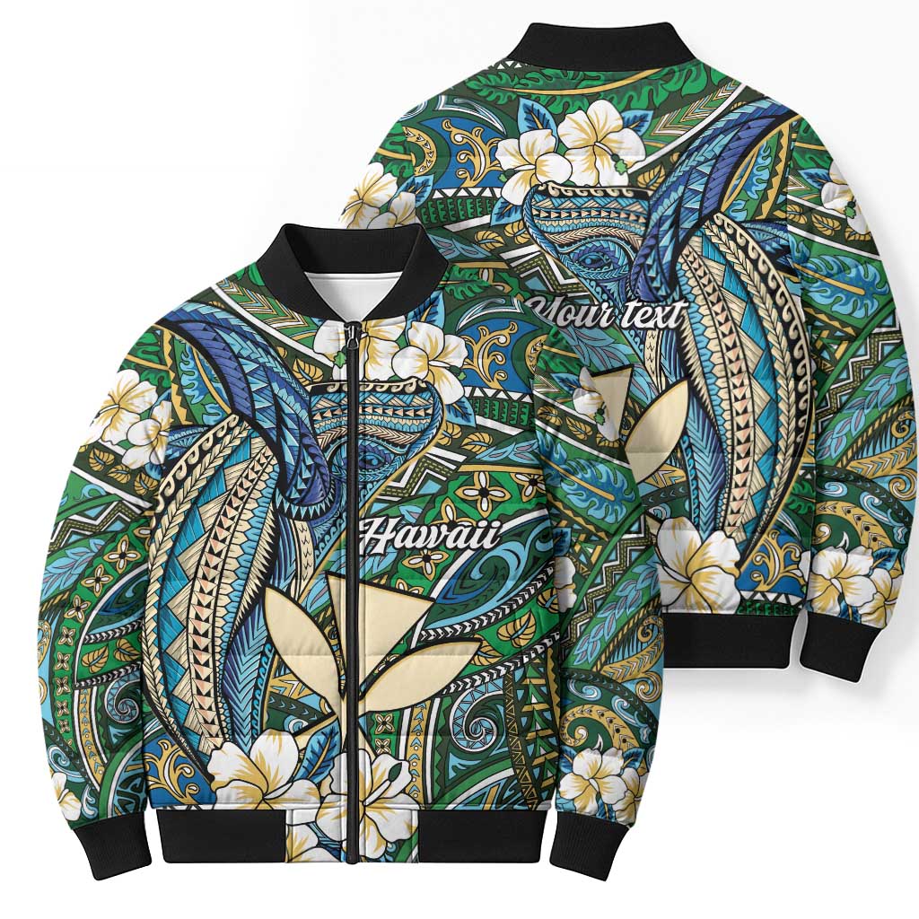 Personalised Hawaii Tribal Humpback Whale Bomber Puffer Jacket Omaomao Hibiscus Seamless Pattern LT9 - Polynesian Pride