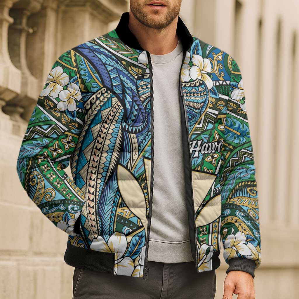 Personalised Hawaii Tribal Humpback Whale Bomber Puffer Jacket Omaomao Hibiscus Seamless Pattern LT9 - Polynesian Pride