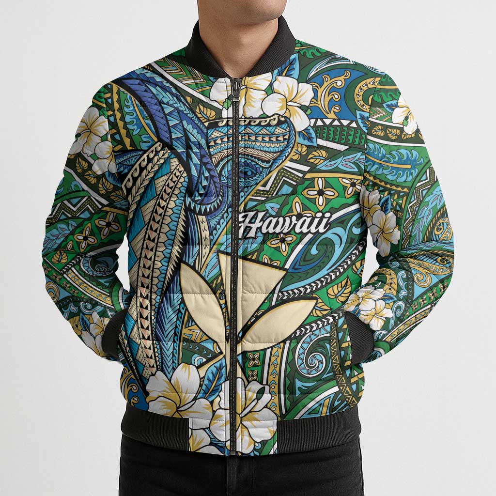 Personalised Hawaii Tribal Humpback Whale Bomber Puffer Jacket Omaomao Hibiscus Seamless Pattern LT9 - Polynesian Pride