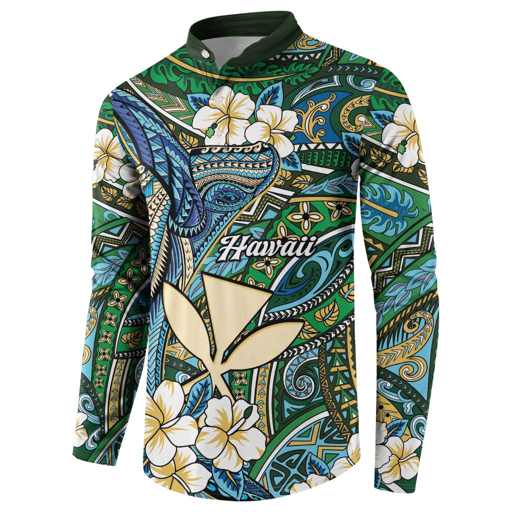 Personalised Hawaii Tribal Humpback Whale Button Sweatshirt Omaomao Hibiscus Seamless Pattern LT9 - Polynesian Pride
