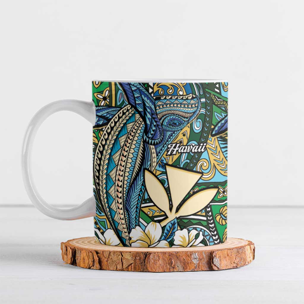 Personalised Hawaii Tribal Humpback Whale Ceramic Mug Omaomao Hibiscus Seamless Pattern LT9 Green - Polynesian Pride