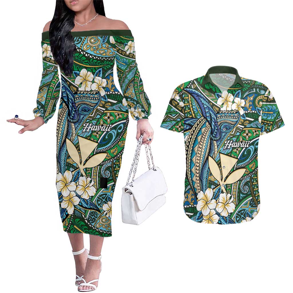 Personalised Hawaii Tribal Humpback Whale Couples Matching Off The Shoulder Long Sleeve Dress and Hawaiian Shirt Omaomao Hibiscus Seamless Pattern LT9 Green - Polynesian Pride