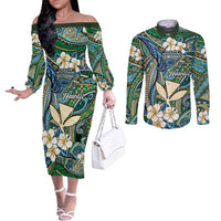 Personalised Hawaii Tribal Humpback Whale Couples Matching Off The Shoulder Long Sleeve Dress and Long Sleeve Button Shirt Omaomao Hibiscus Seamless Pattern