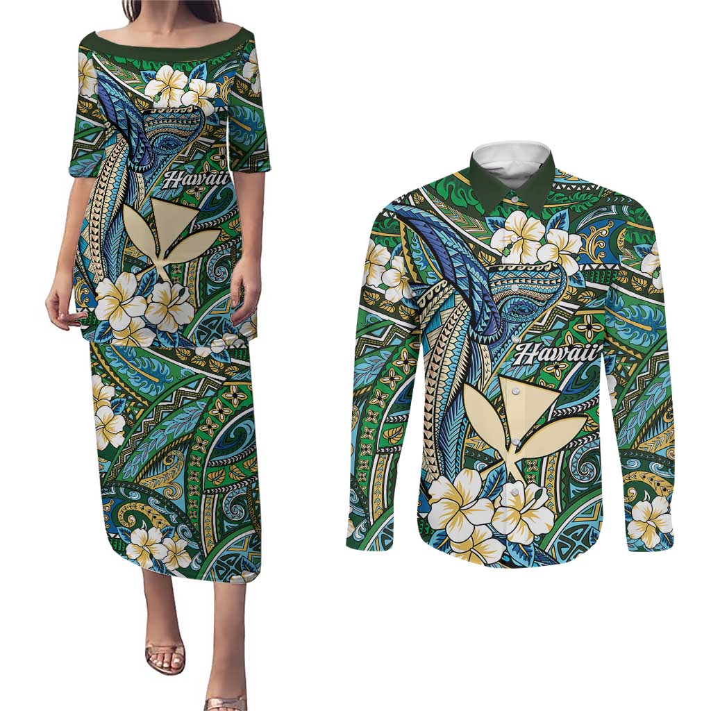 Personalised Hawaii Tribal Humpback Whale Couples Matching Puletasi and Long Sleeve Button Shirt Omaomao Hibiscus Seamless Pattern LT9 Green - Polynesian Pride