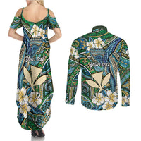 Personalised Hawaii Tribal Humpback Whale Couples Matching Summer Maxi Dress and Long Sleeve Button Shirt Omaomao Hibiscus Seamless Pattern LT9 - Polynesian Pride