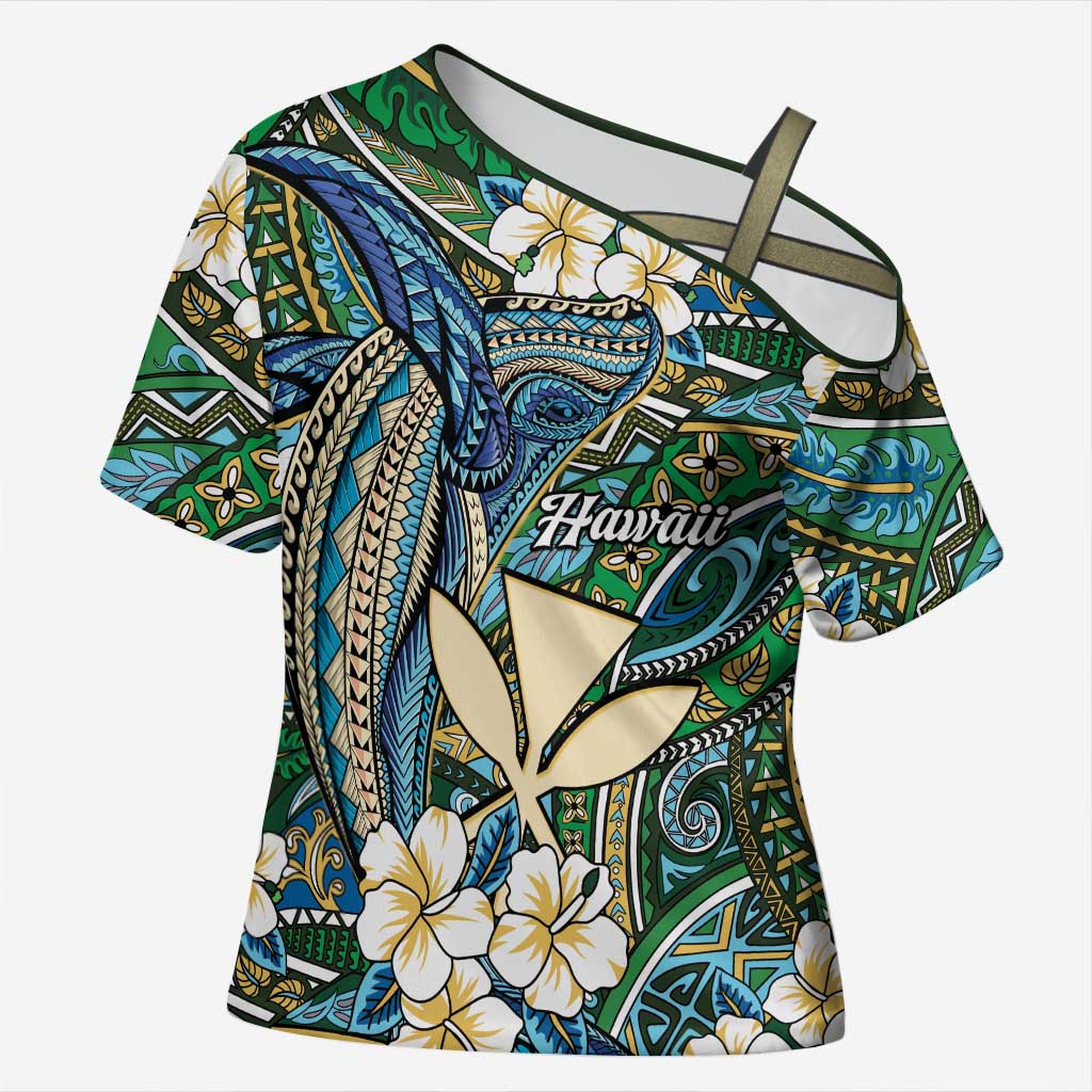 Personalised Hawaii Tribal Humpback Whale Cross Shoulder Shirt Omaomao Hibiscus Seamless Pattern LT9 Female Green - Polynesian Pride