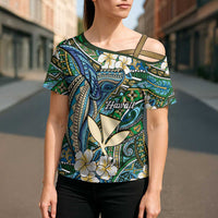 Personalised Hawaii Tribal Humpback Whale Cross Shoulder Shirt Omaomao Hibiscus Seamless Pattern LT9 - Polynesian Pride