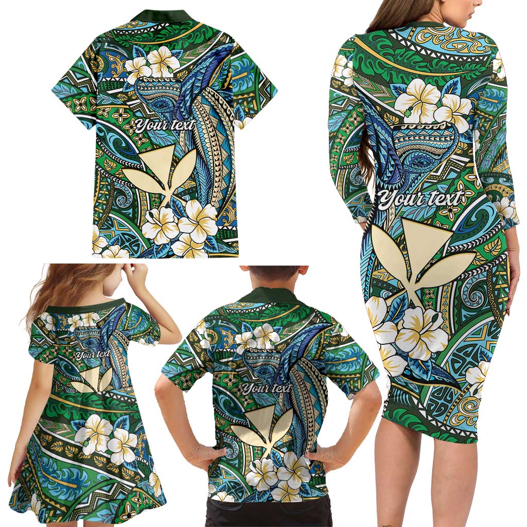 Personalised Hawaii Tribal Humpback Whale Family Matching Long Sleeve Bodycon Dress and Hawaiian Shirt Omaomao Hibiscus Seamless Pattern
