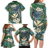 Personalised Hawaii Tribal Humpback Whale Family Matching Long Sleeve Bodycon Dress and Hawaiian Shirt Omaomao Hibiscus Seamless Pattern