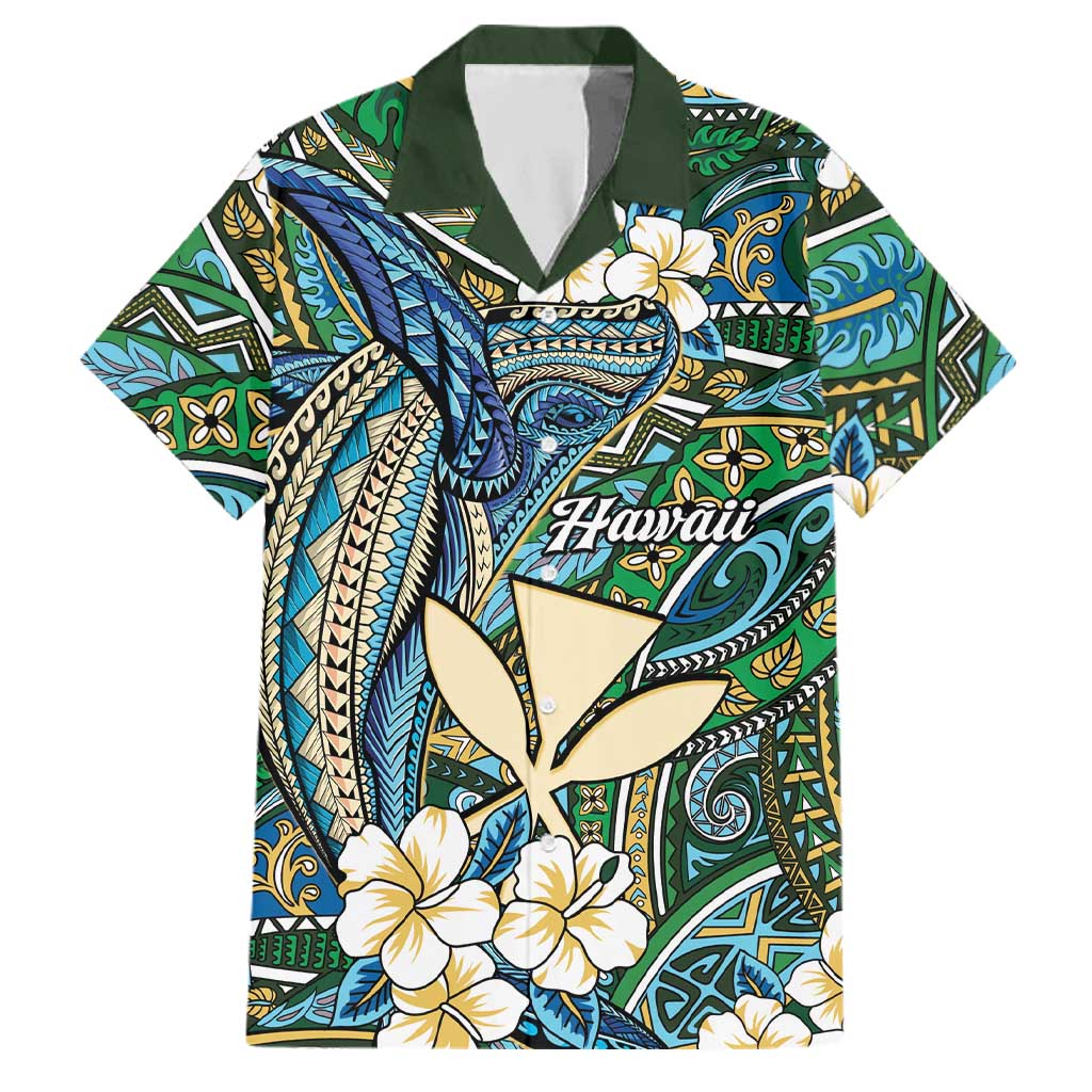 Personalised Hawaii Tribal Humpback Whale Family Matching Long Sleeve Bodycon Dress and Hawaiian Shirt Omaomao Hibiscus Seamless Pattern