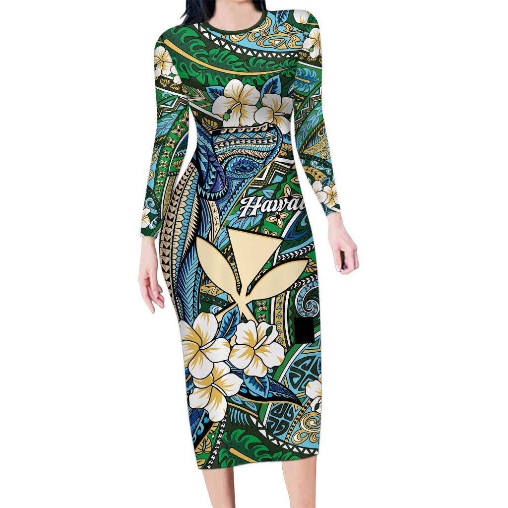 Personalised Hawaii Tribal Humpback Whale Family Matching Long Sleeve Bodycon Dress and Hawaiian Shirt Omaomao Hibiscus Seamless Pattern