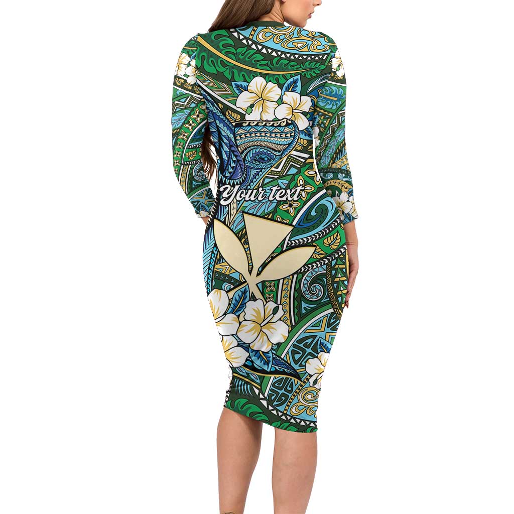 Personalised Hawaii Tribal Humpback Whale Family Matching Long Sleeve Bodycon Dress and Hawaiian Shirt Omaomao Hibiscus Seamless Pattern