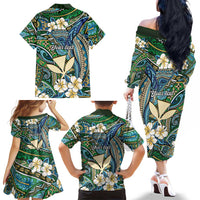Personalised Hawaii Tribal Humpback Whale Family Matching Off The Shoulder Long Sleeve Dress and Hawaiian Shirt Omaomao Hibiscus Seamless Pattern