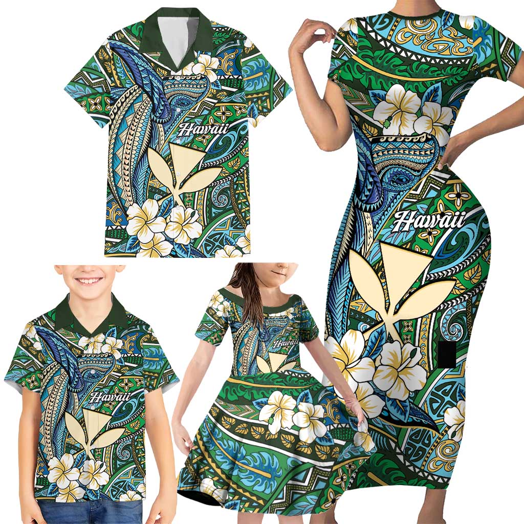 Personalised Hawaii Tribal Humpback Whale Family Matching Short Sleeve Bodycon Dress and Hawaiian Shirt Omaomao Hibiscus Seamless Pattern