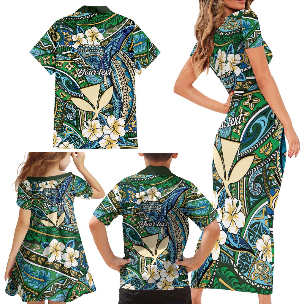 Personalised Hawaii Tribal Humpback Whale Family Matching Short Sleeve Bodycon Dress and Hawaiian Shirt Omaomao Hibiscus Seamless Pattern