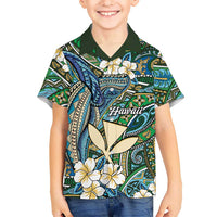 Personalised Hawaii Tribal Humpback Whale Family Matching Short Sleeve Bodycon Dress and Hawaiian Shirt Omaomao Hibiscus Seamless Pattern