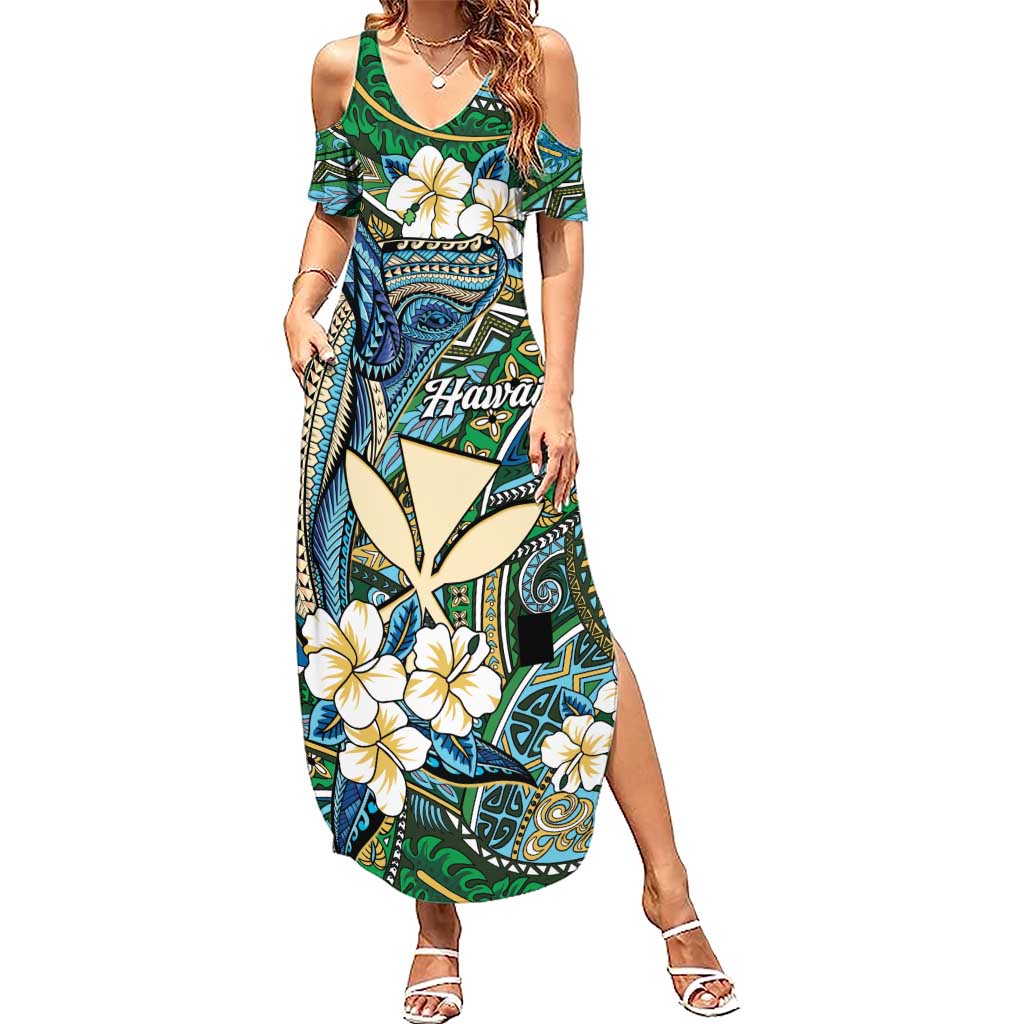 Personalised Hawaii Tribal Humpback Whale Family Matching Summer Maxi Dress and Hawaiian Shirt Omaomao Hibiscus Seamless Pattern