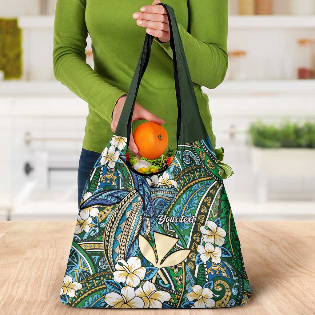 Personalised Hawaii Tribal Humpback Whale Grocery Bag Omaomao Hibiscus Seamless Pattern LT9 - Polynesian Pride
