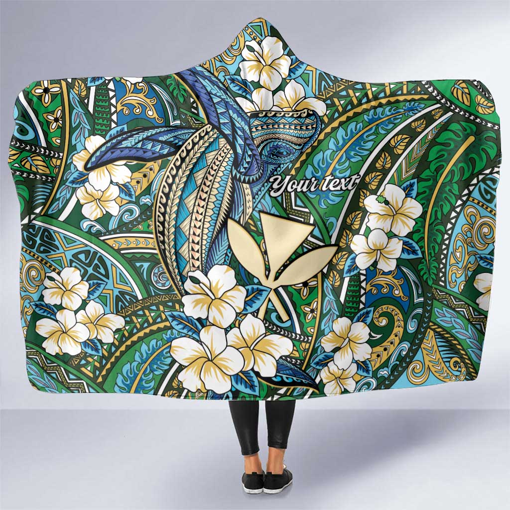 Personalised Hawaii Tribal Humpback Whale Hooded Blanket Omaomao Hibiscus Seamless Pattern