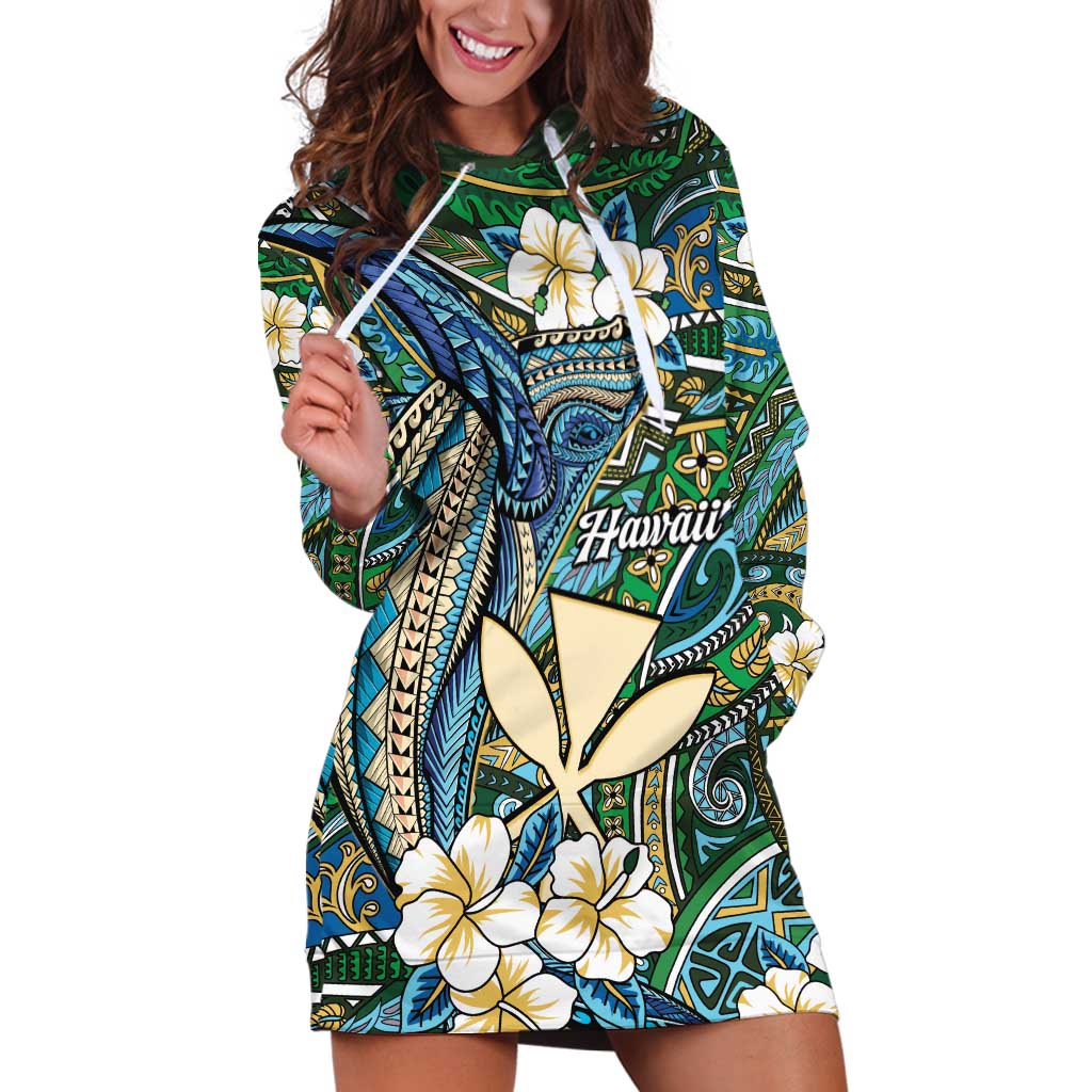 Personalised Hawaii Tribal Humpback Whale Hoodie Dress Omaomao Hibiscus Seamless Pattern LT9 Green - Polynesian Pride