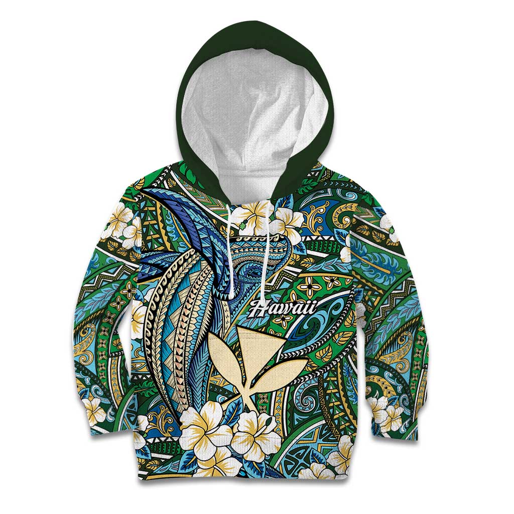 Personalised Hawaii Tribal Humpback Whale Kid Hoodie Omaomao Hibiscus Seamless Pattern