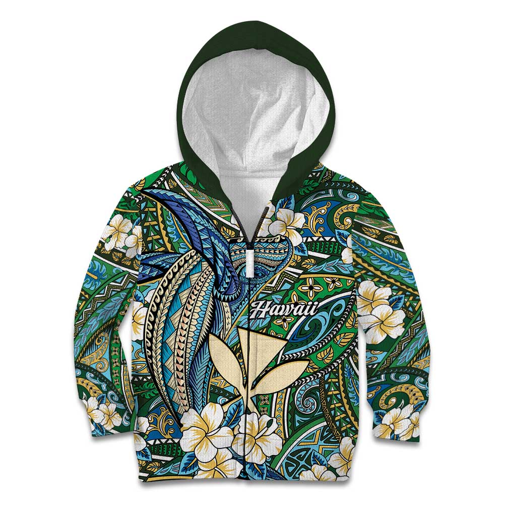 Personalised Hawaii Tribal Humpback Whale Kid Hoodie Omaomao Hibiscus Seamless Pattern