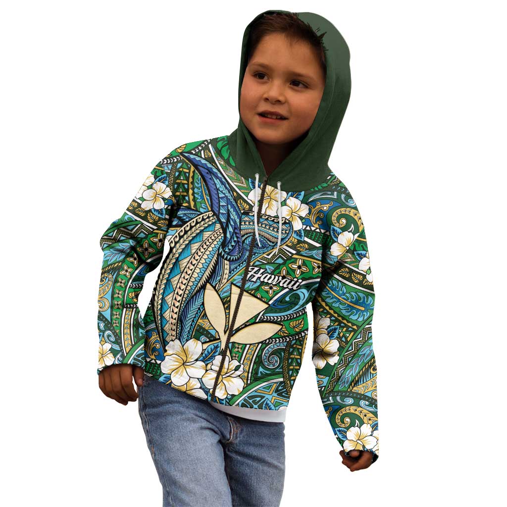 Personalised Hawaii Tribal Humpback Whale Kid Hoodie Omaomao Hibiscus Seamless Pattern
