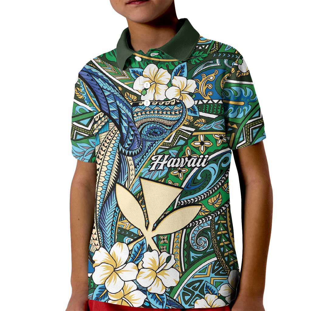 Personalised Hawaii Tribal Humpback Whale Kid Polo Shirt Omaomao Hibiscus Seamless Pattern LT9 Kid Green - Polynesian Pride