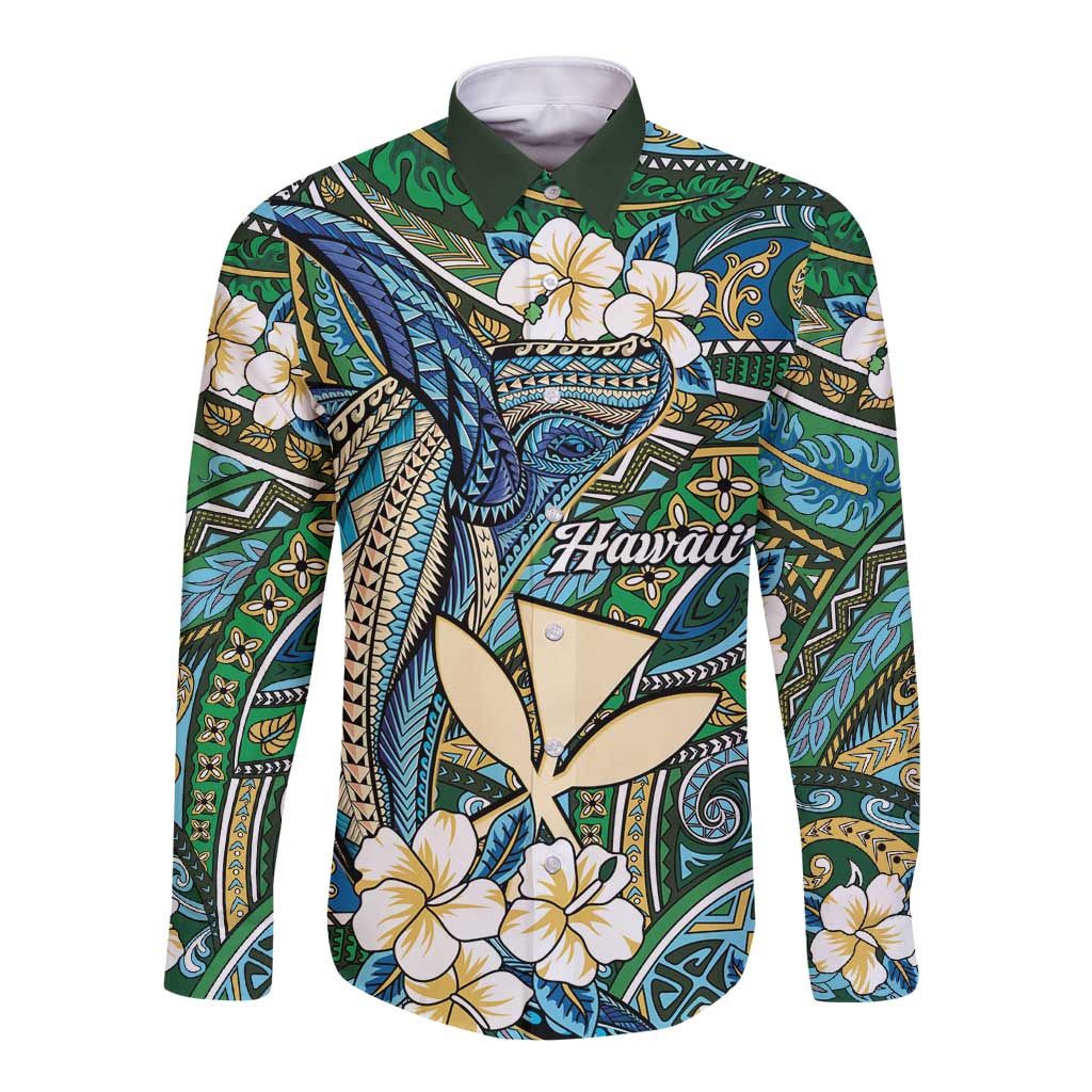 Personalised Hawaii Tribal Humpback Whale Long Sleeve Button Shirt Omaomao Hibiscus Seamless Pattern LT9 Unisex Green - Polynesian Pride