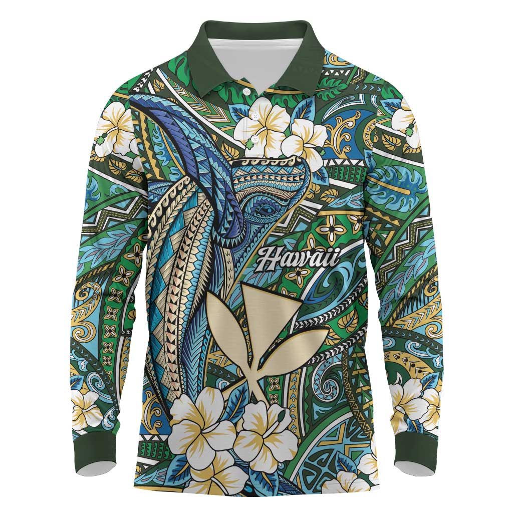Personalised Hawaii Tribal Humpback Whale Long Sleeve Polo Shirt Omaomao Hibiscus Seamless Pattern LT9 Green - Polynesian Pride