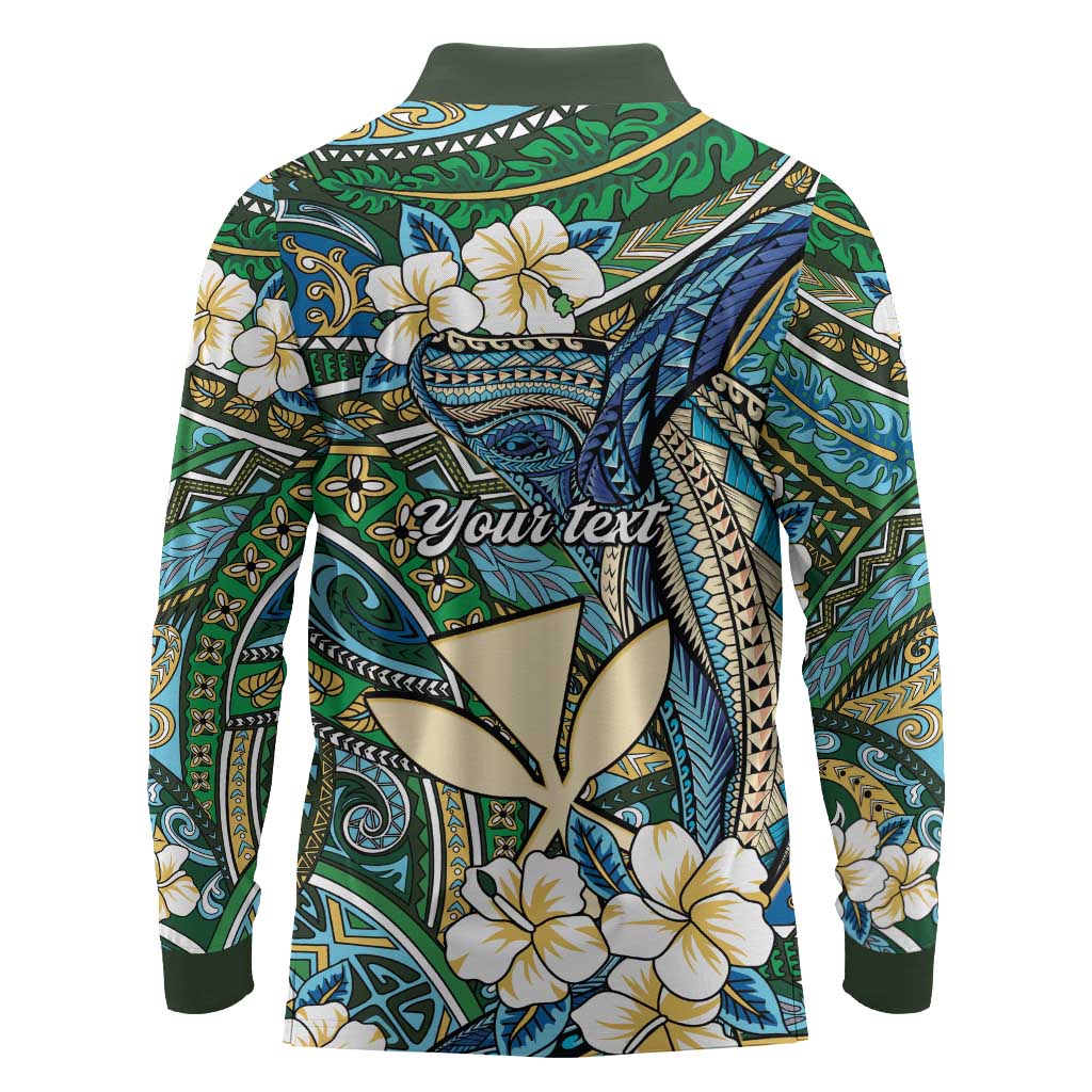 Personalised Hawaii Tribal Humpback Whale Long Sleeve Polo Shirt Omaomao Hibiscus Seamless Pattern LT9 - Polynesian Pride